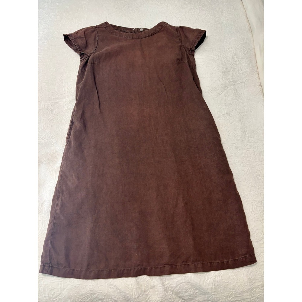 Muji Brown 100% Linen Short Sleeve Shift Dress with Pockets Size M